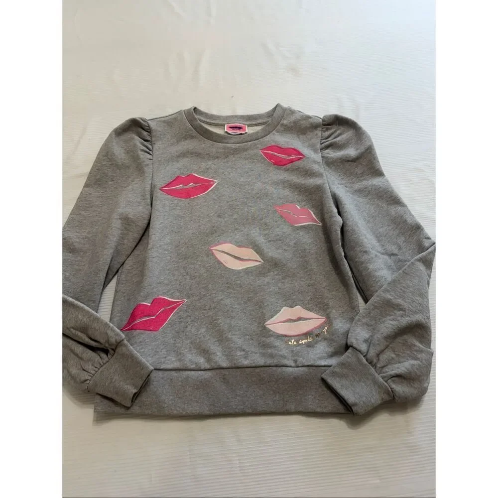 Kate Spade NY Sweatshirt Lips Gray Puff Long Sleeve Size XS New